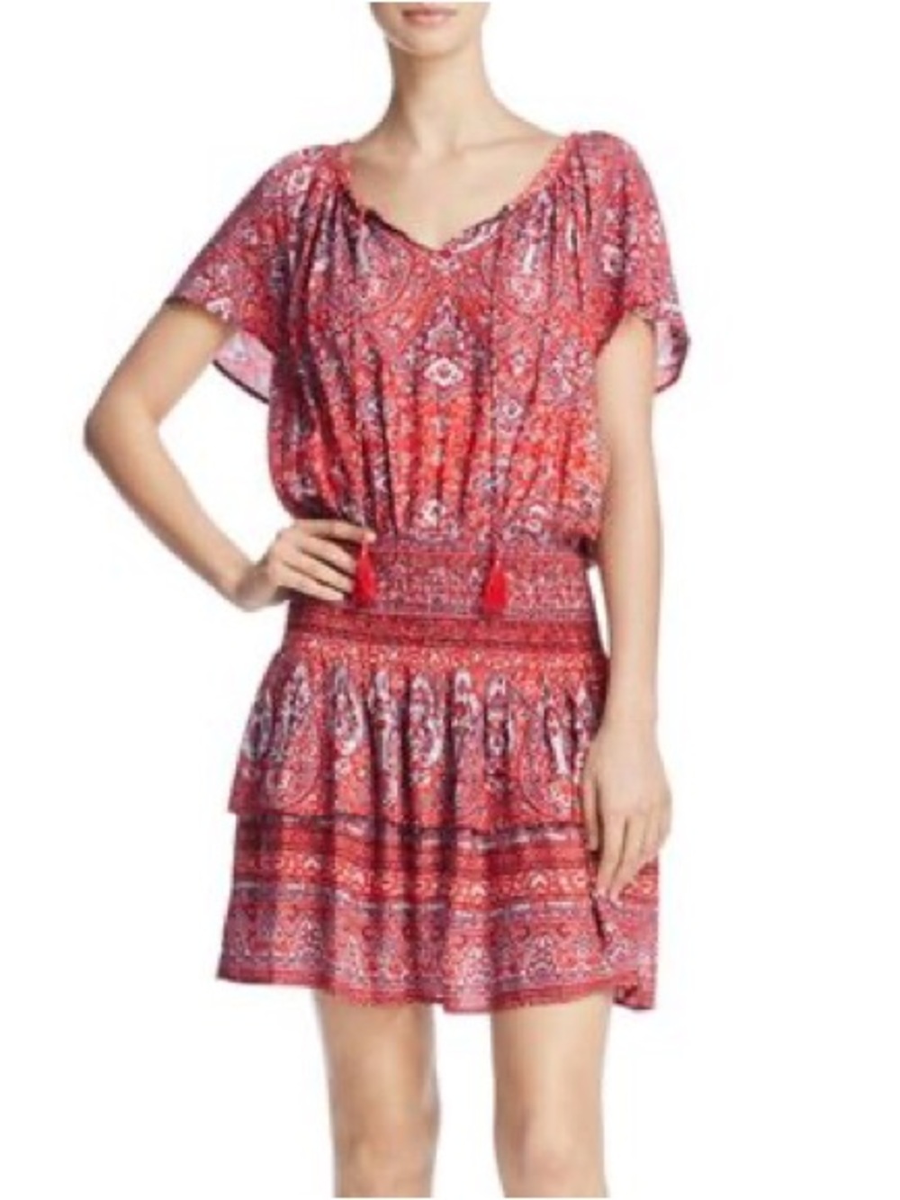 Red Printed Tiered Mini Dress with Smocked Waist